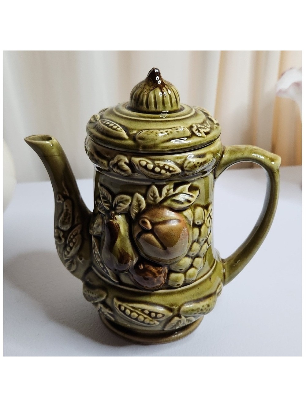 Vintage Tilso Japanese Teapot Green Ceramic Fruit Motif Made in Japan